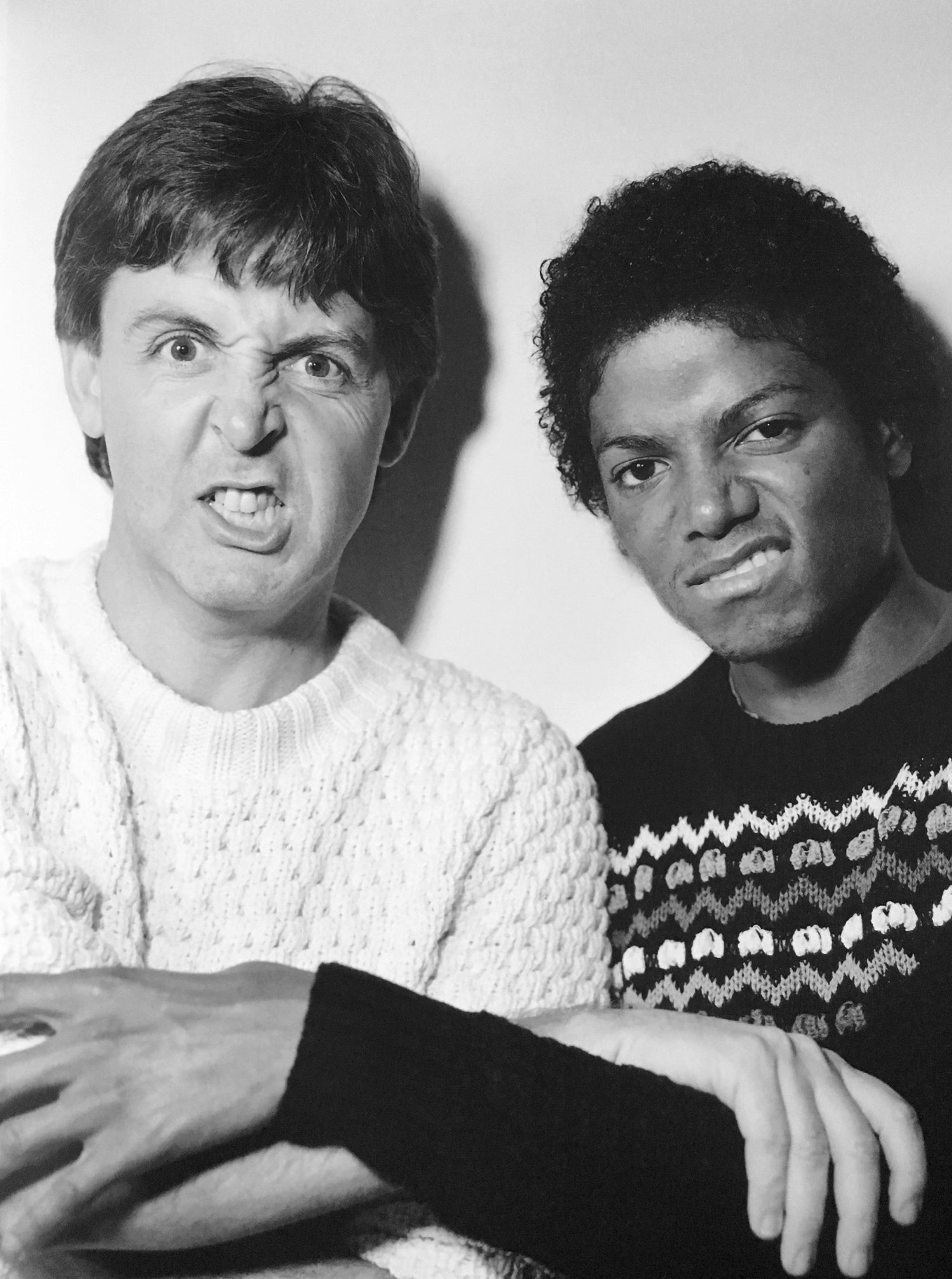Paul McCartney and Michael Jackson, who together recorded “The Girl Is Mine” for MJ’s <i>Thriller</i> (1982) and “Say Say Say” for <i>Pipes of Peace</i> (1983).